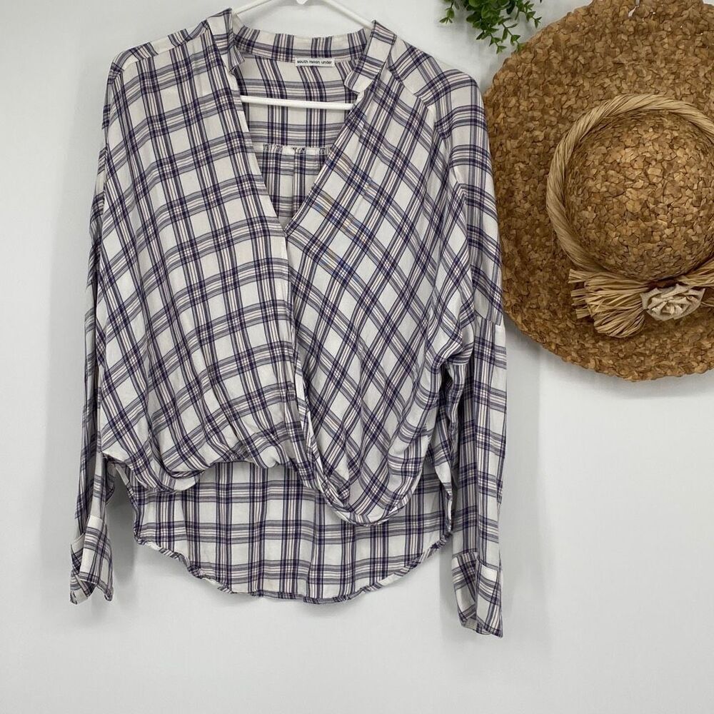 South Moon Under Plaid Faux Wrap Top Dolman Sleeve High-Lo Blue Cream Small